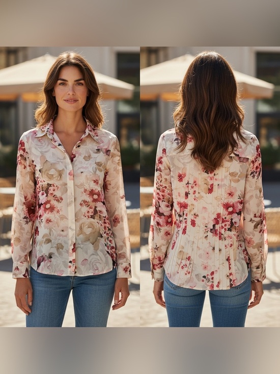 Chaps Tops - Chaps Sheer Cream Floral Button-Front Blouse with Pink Accents-Pleated Back